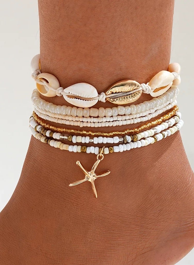 Women' S shell anklets fashion beach holiday wind rice bead shell starfish multi-layer - Image 1