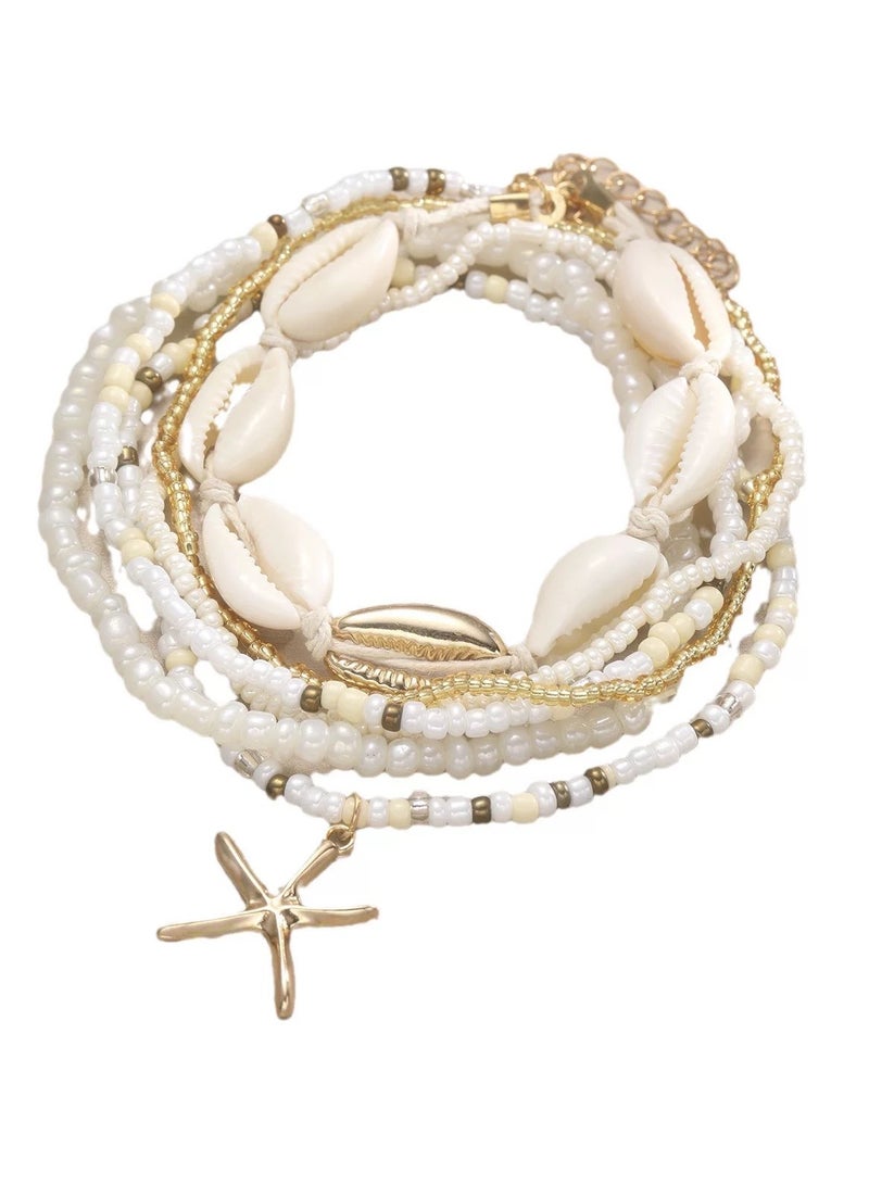 Women' S shell anklets fashion beach holiday wind rice bead shell starfish multi-layer - Image 5