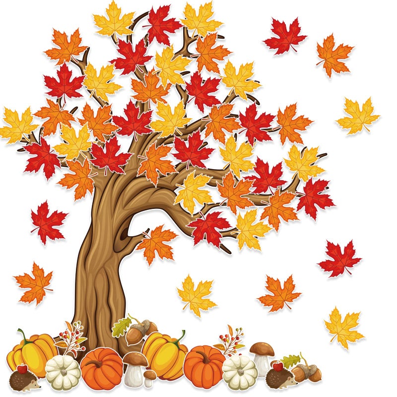 4Ft Big Tree Bulletin Board Set Spring Fall Summer Tree Bulletin Board Decoration with Maple Leaves Butterflies Pumpkins Cutouts for Classroom Home Chalkboard Wall Decoration 74Pcs Maple Leaves