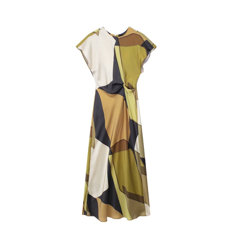 Ladies Wipe Sleeve Elegant Silk Satin Texted Wipe Sleeve Printing Midi dress Spring and Summer 2025 New European and American Cross-border 945567 Yellow patchwork printed skirt