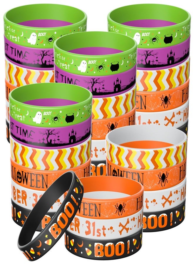Morcheiong 60 Pcs Halloween-Themed Silicone Wristbands for Halloween Party Supplies 6 Designs (Black+Orange+White+Green+Purple) - Image 1