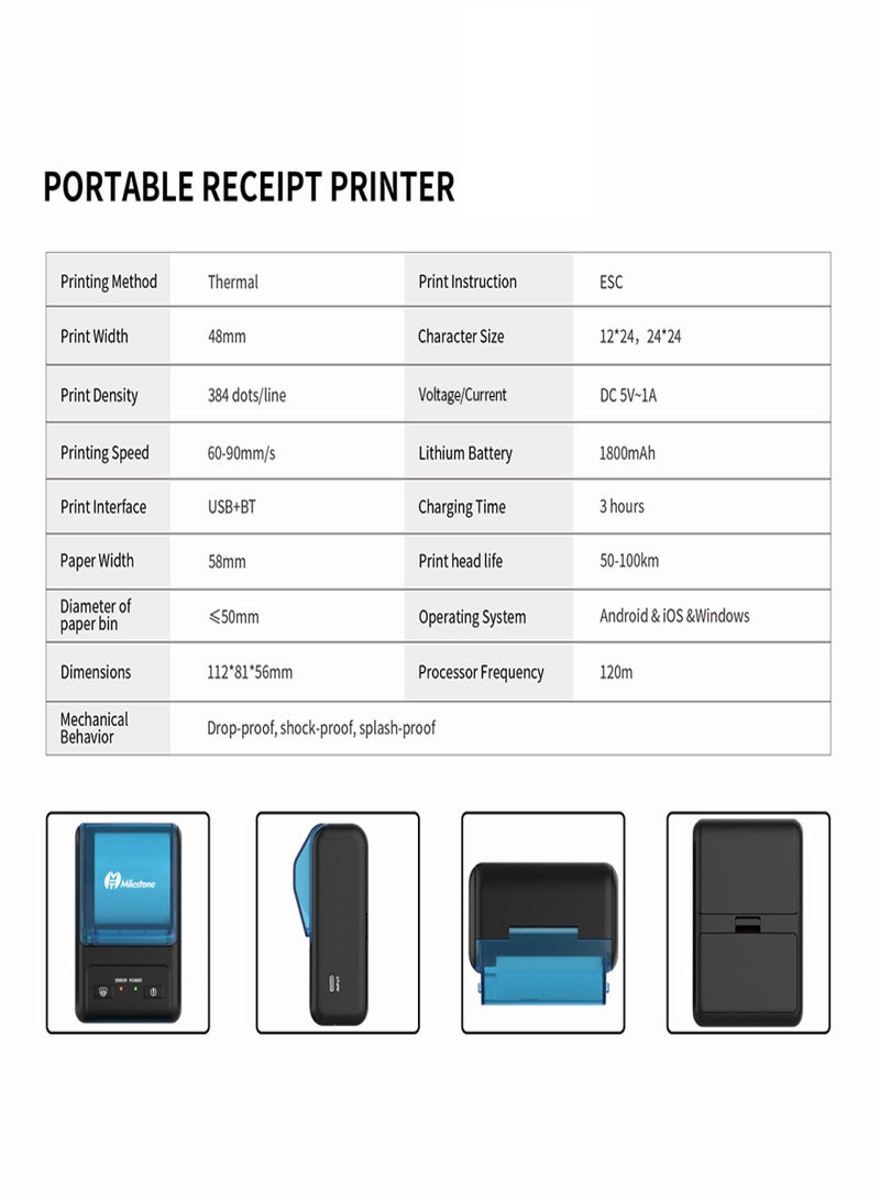 Milestone MHT-P11 58mm Portable Thermal Receipt Printer Support BT/USB Connection for Supermarket Restaurant Store Warehouse - Image 2