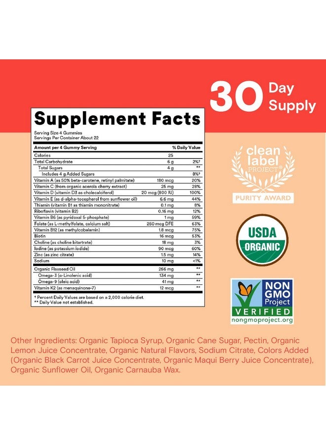 سمارتي بانتس حلوى جيلاتينية عضوية متعددة الفيتامينات للأطفال من SmartyPants: أوميجا 3 (ALA)، وفيتامين د3، وفيتامين ج، وفيتامين ب12، وفيتامين ب6، وفيتامين أ، وفيتامين ك، والزنك لدعم المناعة، نباتية، بثلاث نكهات فواكه، 120 قطعة (إمدادات لمدة 30 يومًا) - Image 3