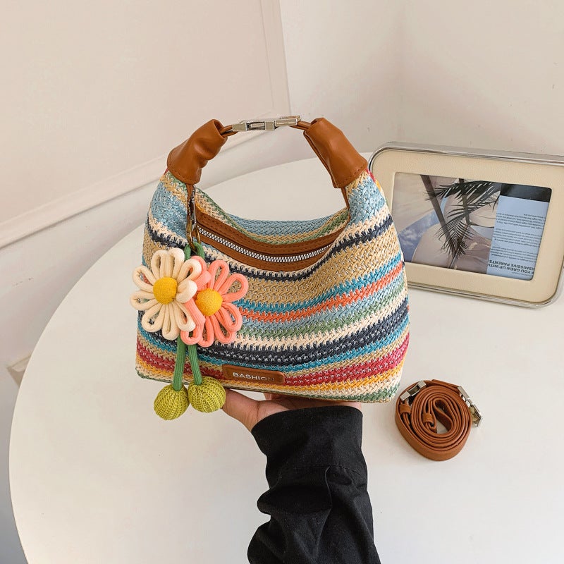 Rainbow Stripe Straw Woven Shoulder Bag for Women 2026 Summer Beach Vacation Tote - Image 2