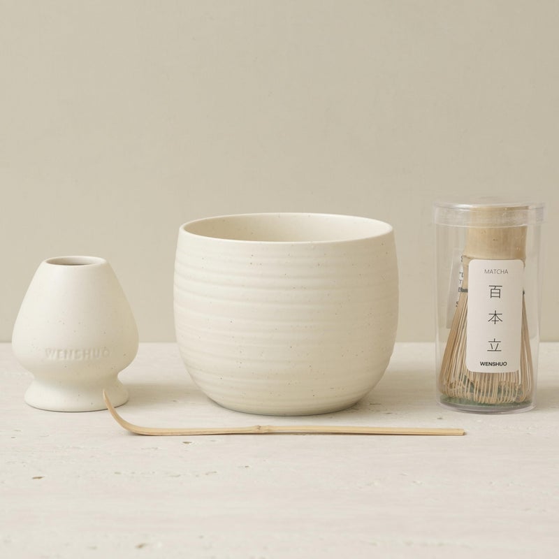 WENSHUO Matcha Whisk Set Ceramic Matcha Bowl  Whisk Holder Bamboo Accessory Modern Design Matte Crme Traditional Bowl Design