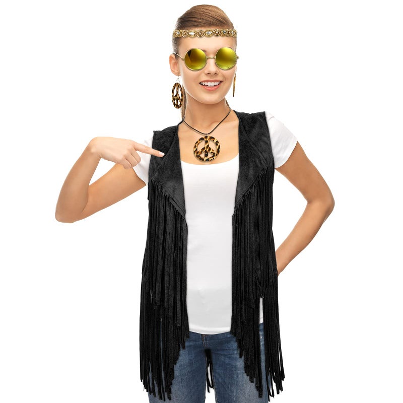 Frienda 6 Pcs 60s 70s Outfit for Women Hippie Halloween Costume Set Peace Sign Earring Headband Fringe Vest Tassel Cardigan(XX-Large,Black) - Image 4
