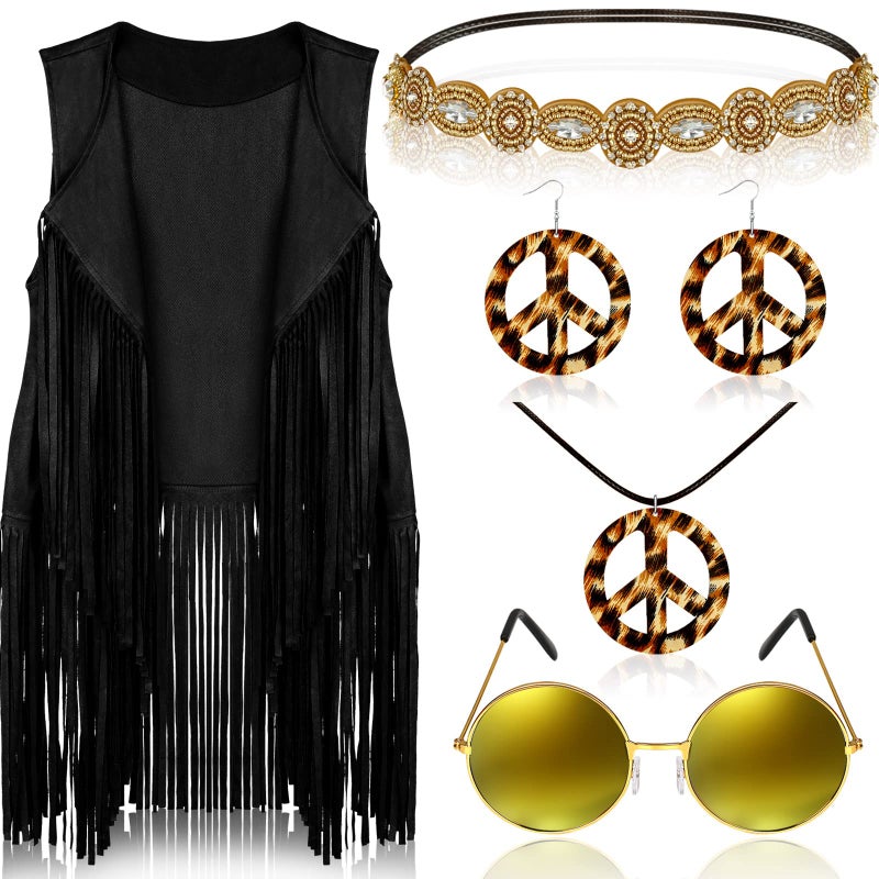 Frienda 6 Pcs 60s 70s Outfit for Women Hippie Halloween Costume Set Peace Sign Earring Headband Fringe Vest Tassel Cardigan(XX-Large,Black) - Image 1