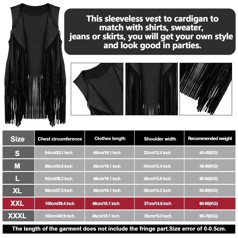 Frienda 6 Pcs 60s 70s Outfit for Women Hippie Halloween Costume Set Peace Sign Earring Headband Fringe Vest Tassel Cardigan(XX-Large,Black) - Image 3