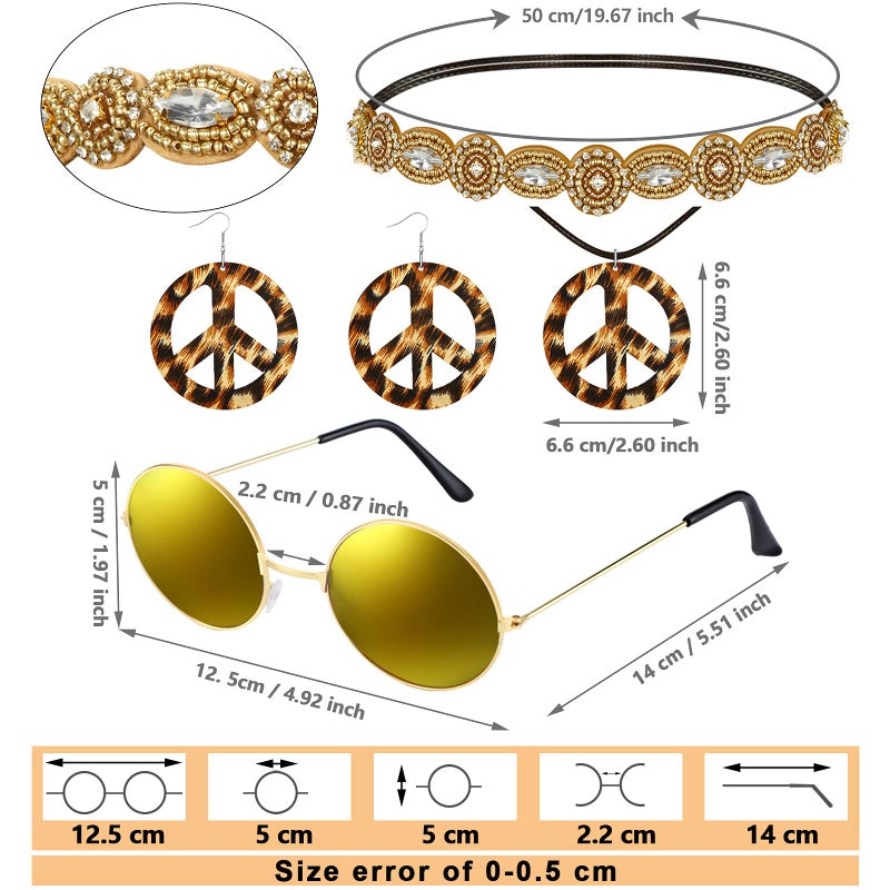 Frienda 6 Pcs 60s 70s Outfit for Women Hippie Halloween Costume Set Peace Sign Earring Headband Fringe Vest Tassel Cardigan(XX-Large,Black) - Image 2