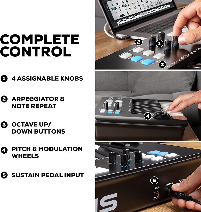 أليسيس V25 MKII – وحدة تحكم لوحة مفاتيح MIDI عبر USB مع 25 مفتاحًا حساسًا للسرعة، و8 وسادات كاملة المستوى، ومُولّد الأربيجيو، وعجلة التحكم في الطبقة/التعديل، وتكرار النغمات، وحزمة البرامج - Image 4