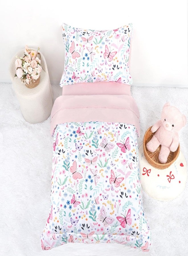 Jundetye Toddler Bedding Set for Girls 4 Pieces Butterfly, Soft Breathable Toddler Comforter Set, Flower Print, Includes Reversible Comforter, Fitted Sheet and Flat Sheet, Pillowcase - Image 1