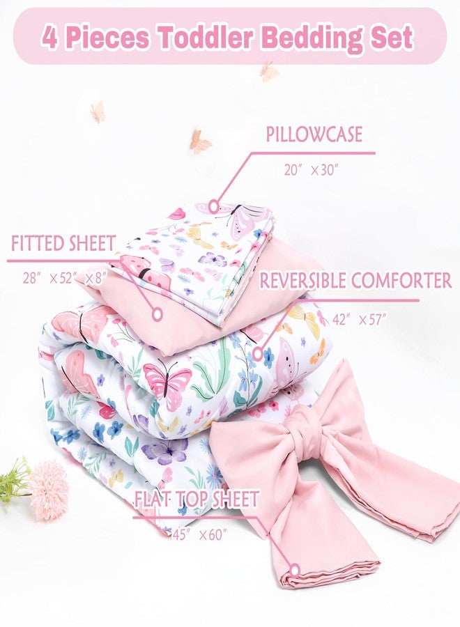 Jundetye Toddler Bedding Set for Girls 4 Pieces Butterfly, Soft Breathable Toddler Comforter Set, Flower Print, Includes Reversible Comforter, Fitted Sheet and Flat Sheet, Pillowcase - Image 5