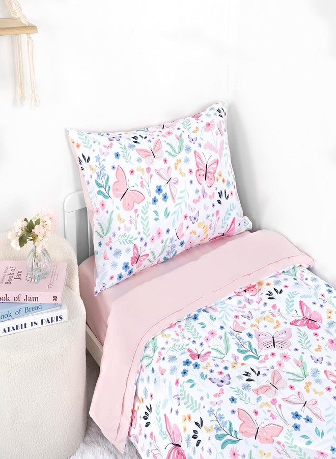 Jundetye Toddler Bedding Set for Girls 4 Pieces Butterfly, Soft Breathable Toddler Comforter Set, Flower Print, Includes Reversible Comforter, Fitted Sheet and Flat Sheet, Pillowcase - Image 4