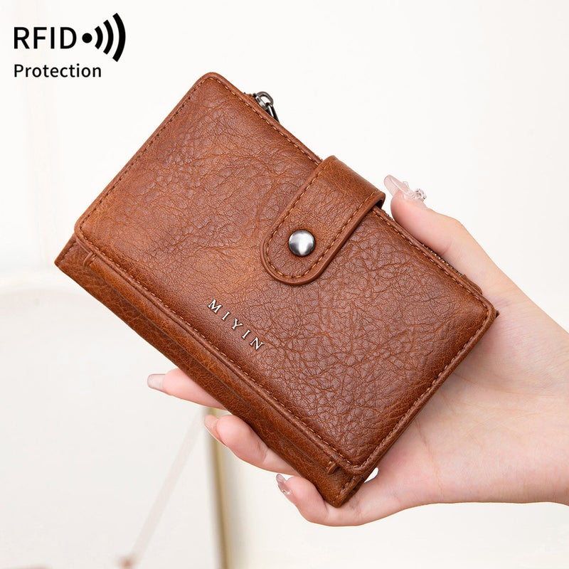 Multifunctional Solid Color PU Leather Wallet, RFID Blocking Design Portable Daily Storage Purse for Cards Cash Coin Business Use - Image 1
