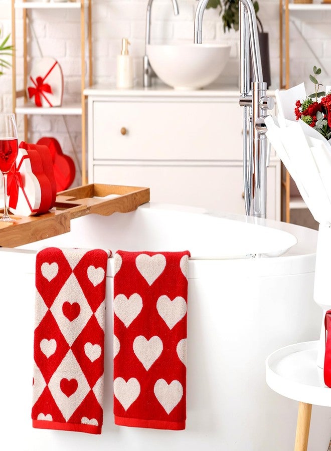 Mindsoft 2 Pcs Valentine's Day Hand Towels 29.5 x 13.4'' Red White Hearts Cotton Bathroom Towels Valentine's Day Decorative Absorbent Bath Towel for Drying Cleaning Cooking Home Party Supplies - Image 2