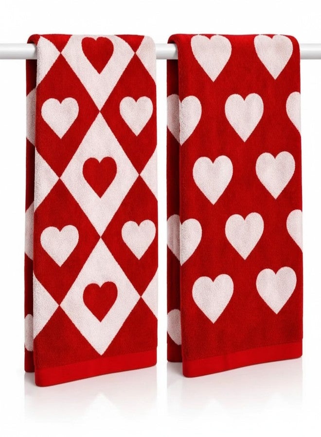 Mindsoft 2 Pcs Valentine's Day Hand Towels 29.5 x 13.4'' Red White Hearts Cotton Bathroom Towels Valentine's Day Decorative Absorbent Bath Towel for Drying Cleaning Cooking Home Party Supplies - Image 1