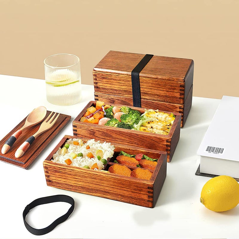 AOOSY Wood Bento Box, Lunch boxes, Japanese Traditional Natural Square Wooden Lunch Containers Women's Men's Adult Wood Bento Box with Spoon Fork kit - Image 2