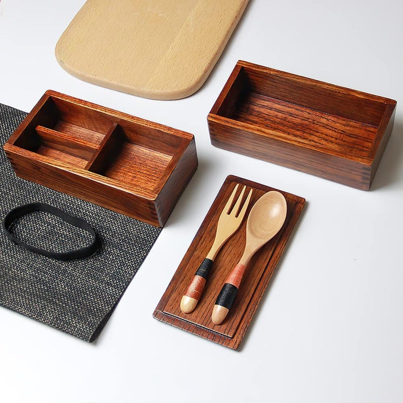 AOOSY Wood Bento Box, Lunch boxes, Japanese Traditional Natural Square Wooden Lunch Containers Women's Men's Adult Wood Bento Box with Spoon Fork kit - Image 4
