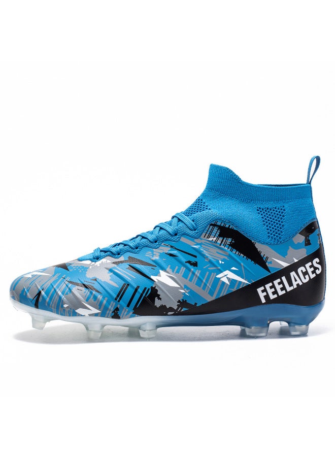 Blue Long Nails High-top Football Shoes Tf Broken Nails Artificial Lawn Ag Nail Leather Feet Boys And Girls Children Teenagers Students Training Shoes