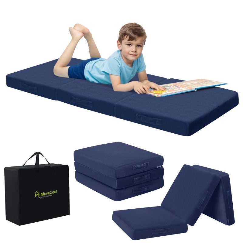 MeMoreCool Foldable Floor Mattress for Kids, Trifold Nap Mat for Toddlers, Portable Daycare Sleeping Futon or Floor Bed, Navy, 57x22 Inch - Image 1