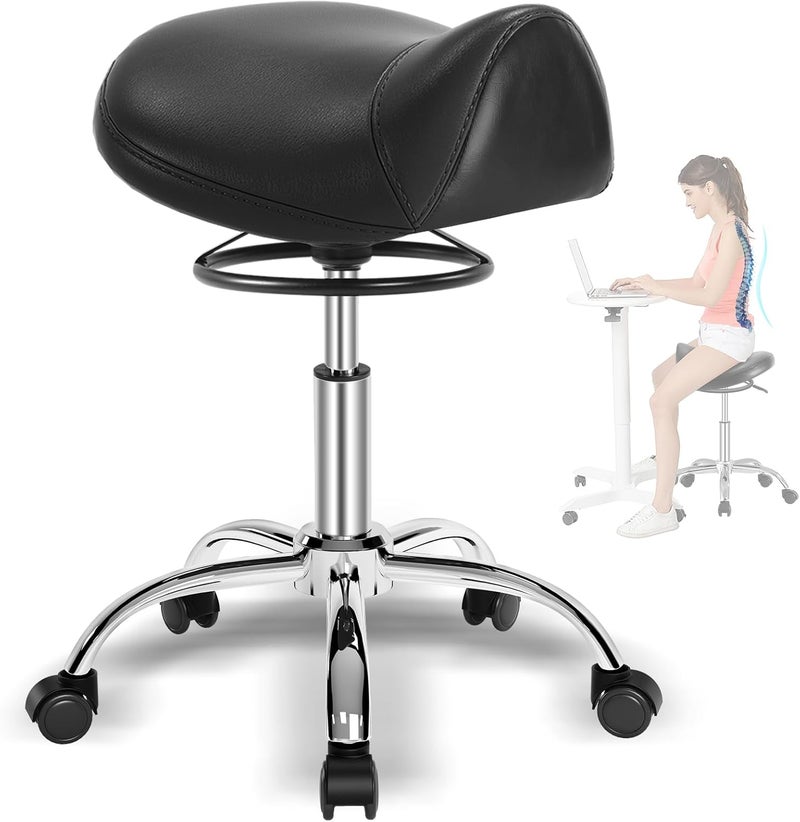 SALONFACTORY Saddle Stool with Wheels 300 lbs Weight Capacity, Heavy Duty Rolling Stool for Medical Massage Salon Kitchen Spa Drafting Nail-Tech,Height Adjustable,360 Swivel,Wide Thick Seat Padding - Image 1