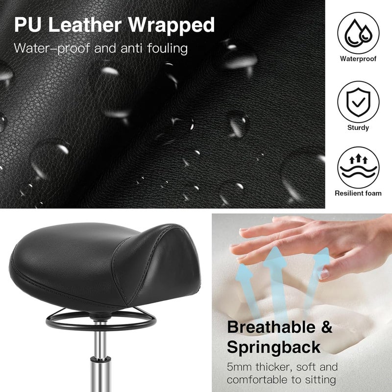 SALONFACTORY Saddle Stool with Wheels 300 lbs Weight Capacity, Heavy Duty Rolling Stool for Medical Massage Salon Kitchen Spa Drafting Nail-Tech,Height Adjustable,360 Swivel,Wide Thick Seat Padding - Image 5