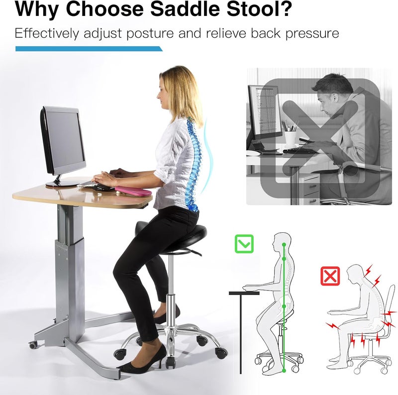 SALONFACTORY Saddle Stool with Wheels 300 lbs Weight Capacity, Heavy Duty Rolling Stool for Medical Massage Salon Kitchen Spa Drafting Nail-Tech,Height Adjustable,360 Swivel,Wide Thick Seat Padding - Image 4