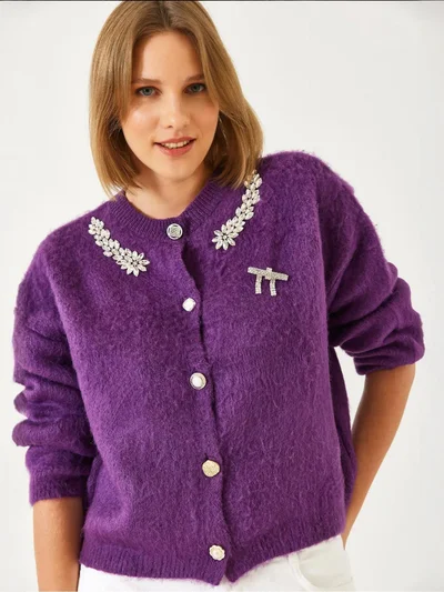 Bianco Lucci LUCCI Embellished Crew Neck Long Sleeve Cardigan