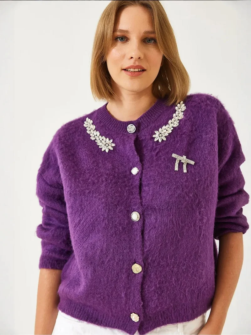 Bianco Lucci Amethyst Purple LUCCI Embellished Crew Neck Long Sleeve Cardigan for Women | Best Price UAE