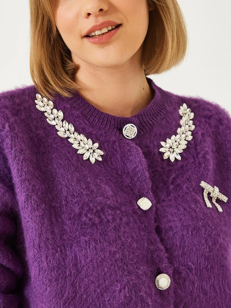 Bianco Lucci Amethyst Purple LUCCI Embellished Crew Neck Long Sleeve Cardigan for Women | Best Price UAE