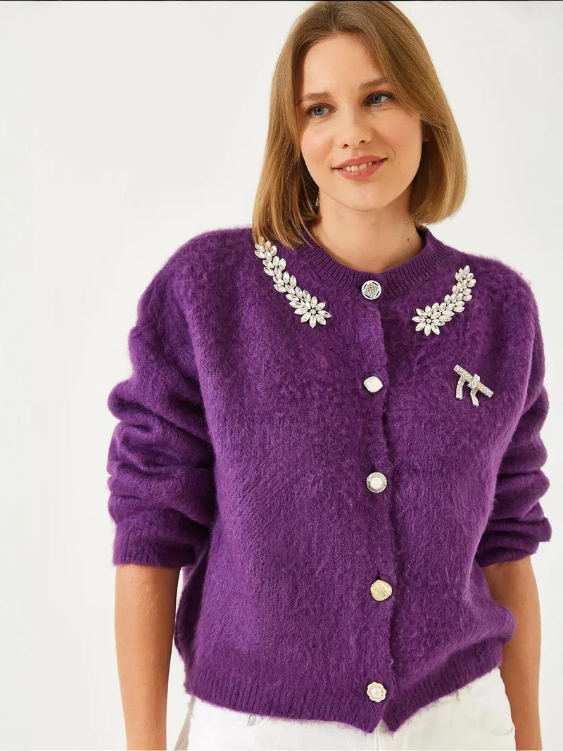 Bianco Lucci Amethyst Purple LUCCI Embellished Crew Neck Long Sleeve Cardigan for Women | Best Price UAE