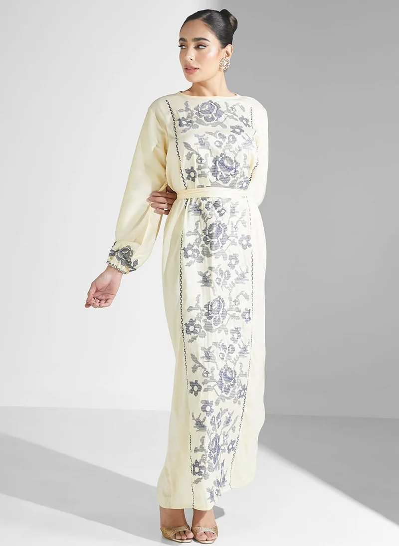 hayas closet Embroidered Detail Belted Dress