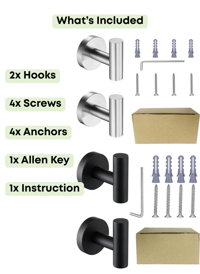 Zence Design - (2 Pack) Black Screw-In Wall, Wall-Mounted Drill Hooks, Heavy Duty Stainless Steel Hooks for Bathroom, Kitchen, and as Clothes Hangers - Image 1
