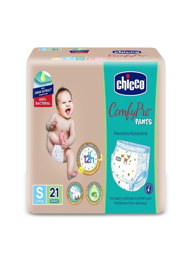 Chicco Comfy-Pro Pant Style Baby Diapers | Anti-bacterial benefits | Ultra Soft & 12hrs protection | Wetness indicator & Disposing Tapes - Small, 21 Count, 4-8 Kg - Image 1