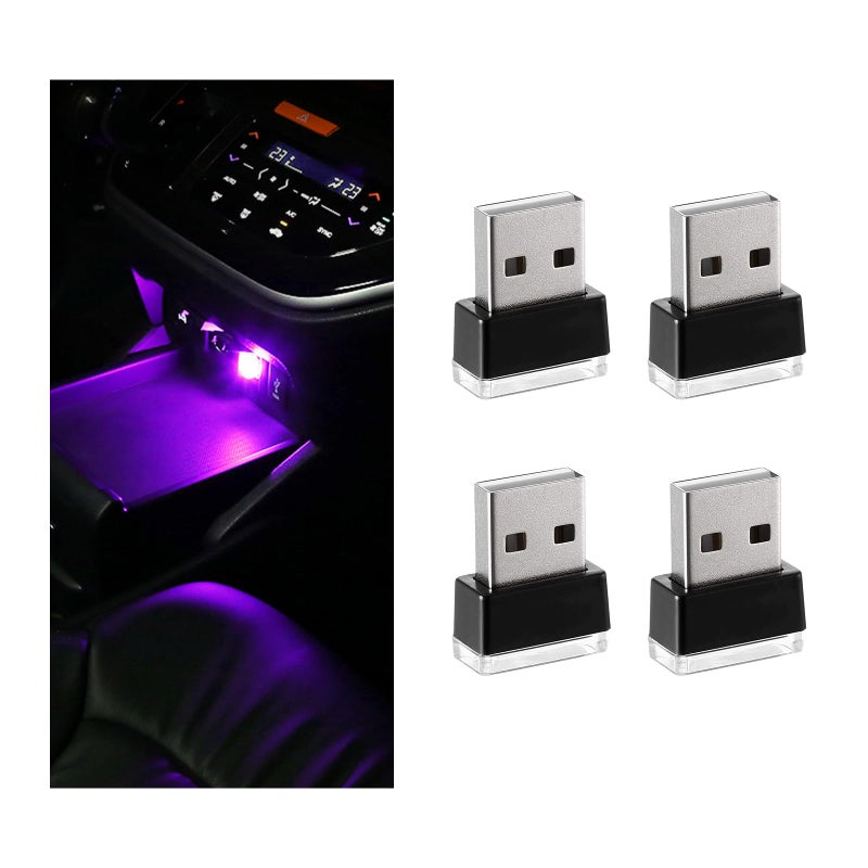 Sylvil 4 PCS USB LED Car Interior Atmosphere Lamp, Portable Mini LED Night Light, Plug-in USB Interface Trunk Ambient Lighting Kit, Universal Interior Car Accessories (Purple) - Image 1