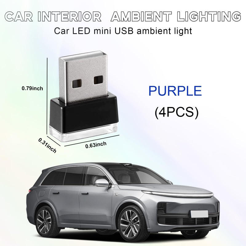 Sylvil 4 PCS USB LED Car Interior Atmosphere Lamp, Portable Mini LED Night Light, Plug-in USB Interface Trunk Ambient Lighting Kit, Universal Interior Car Accessories (Purple) - Image 2