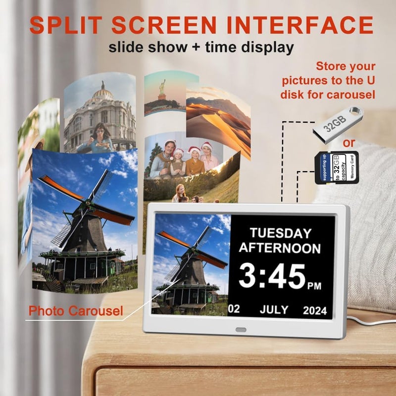 TIMEMOON Alarm Clock with Day and Date for Elderly Digital Calendar Clock Photo Frame- Auto Dimmable Display 15 Alarm Options (10inch White) - Image 2