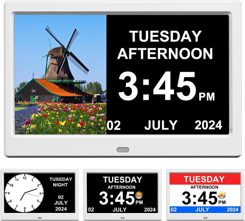 TIMEMOON Alarm Clock with Day and Date for Elderly Digital Calendar Clock Photo Frame- Auto Dimmable Display 15 Alarm Options (10inch White) - Image 1
