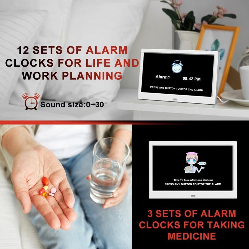 TIMEMOON Alarm Clock with Day and Date for Elderly Digital Calendar Clock Photo Frame- Auto Dimmable Display 15 Alarm Options (10inch White) - Image 5