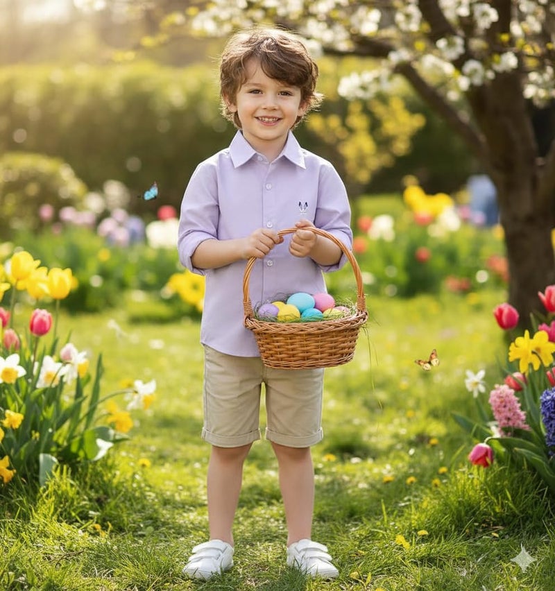 OCHENTA Toddler Baby Boys Oxford Easter Dress Shirts Button Down Long Sleeve Kids Casual Formal School Uniform Tops Lavender 110CM - 3T - Image 2