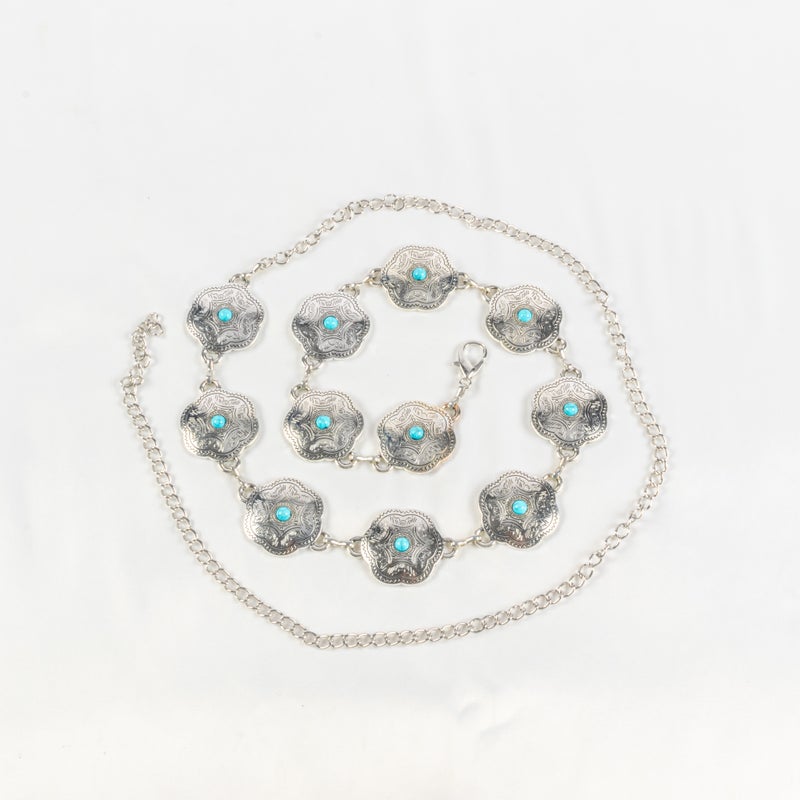 حزام وسط معدن حريمي فضي مرصعة بحجر فيروزي - Image 1