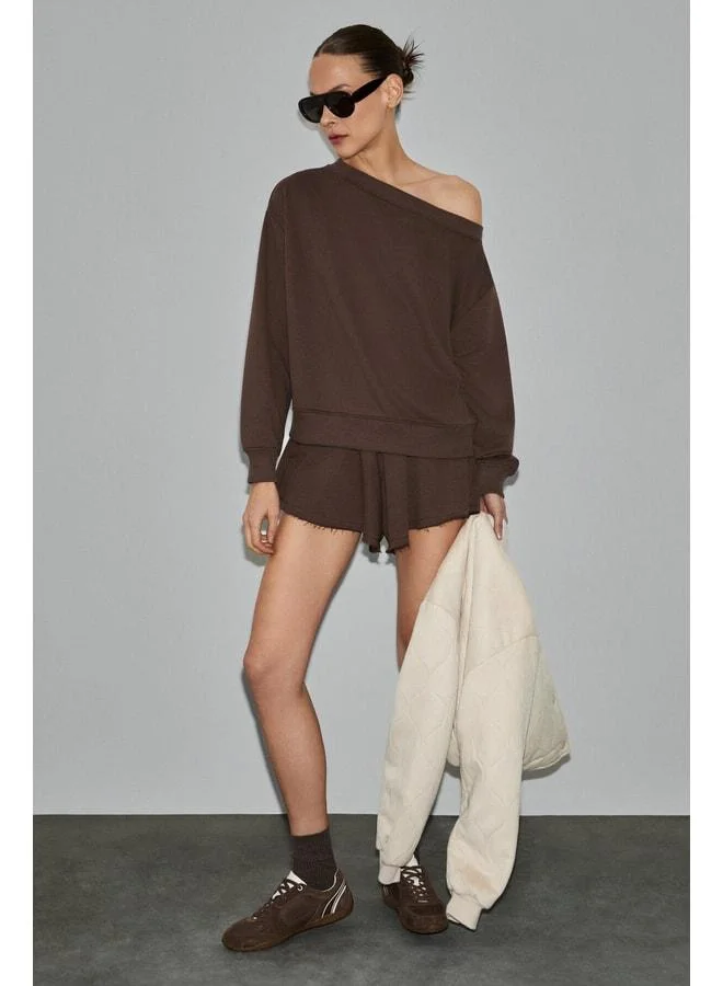 Grimelange  PUNNUET Women's Organic Cotton Boat Neck Elastic Waist Double Pocket Relaxed Dark Coffee Top and Bottom Set. for Women | Best Price UAE