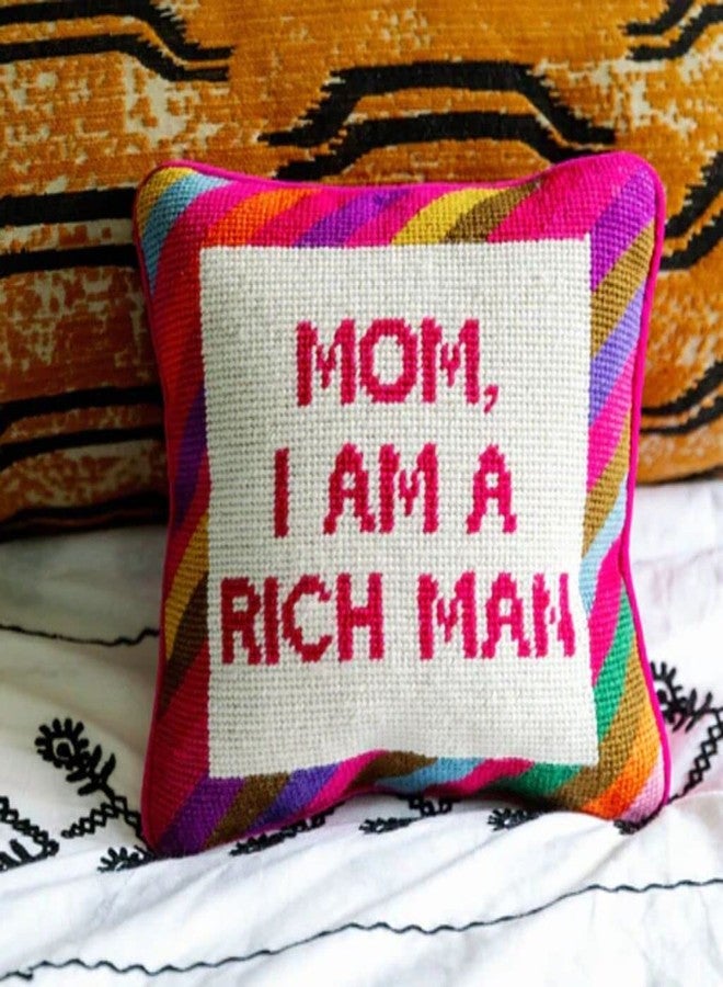 Furbish Handmade Needlepoint Decorative Throw Pillow - Mom I Am A Rich Man - 10" x 10" - Custom Designer Hand Embroidered Pillow - Image 5