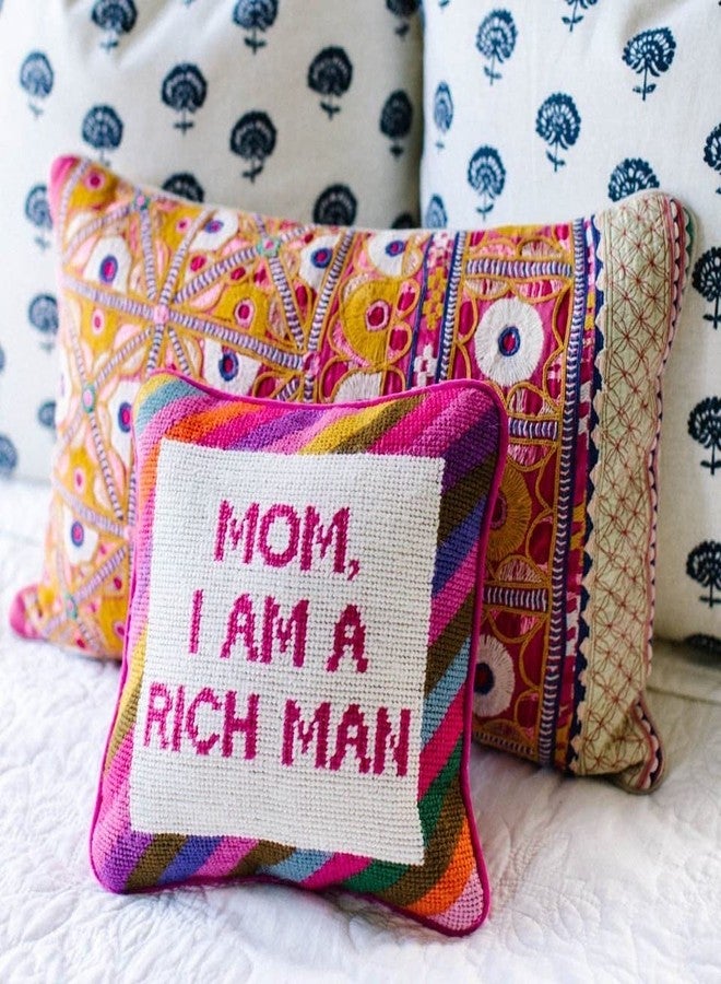 Furbish Handmade Needlepoint Decorative Throw Pillow - Mom I Am A Rich Man - 10" x 10" - Custom Designer Hand Embroidered Pillow - Image 4