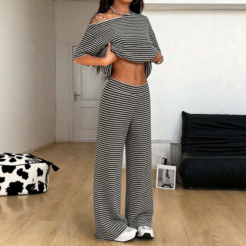 Black and White Striped Off-Shoulder Short Sleeve Two-Piece Set Top + Wide-Leg Pants - Image 2