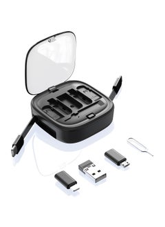 USB Adapter Storage Box, USB C to USB C Retractable Charging Cable Up to 3FT, Adapter Conversion Kit USB/Type-C to Micro/Type-C/Lightning, Data Transfer, Card Slot, Phone Holder (Black)(1 Pack)