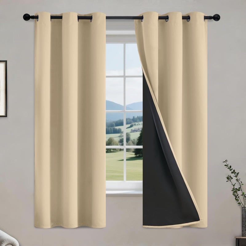 COSVIYA 100 Beige Blackout Curtains for Bedroom Kids Room 63 Inches Length 2 Panels Set Full Light Blocking Thermal Insulated Grommet Nursery Window Treatment Drapes with Black LinerW40 x L63 - Image 2