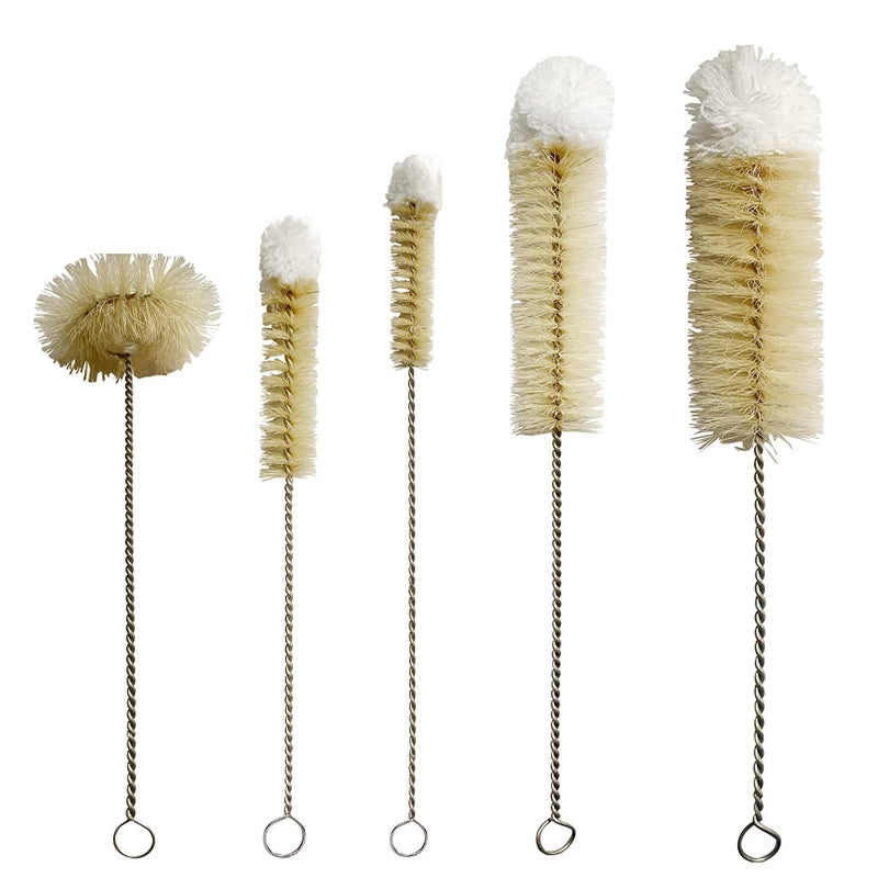NewFerU Stainless Steel Soda Bottle Cleaning Brush Set in Natural Boar Bristle Wool Tip Long Handle Flexible Bendable Thick Wire Cleaner for Narrow Neck Water Baby Bottles Straw Pipe Tube Flask 5