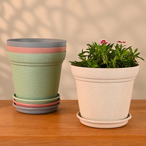 Eha Set of 4 Earth-Friendly Aura 8 Inch pots and Planters | Bamboo Based | UV Protected | for Indoor, Home Decor, Outdoor, Balcony & Garden | Multicolor - Image 1