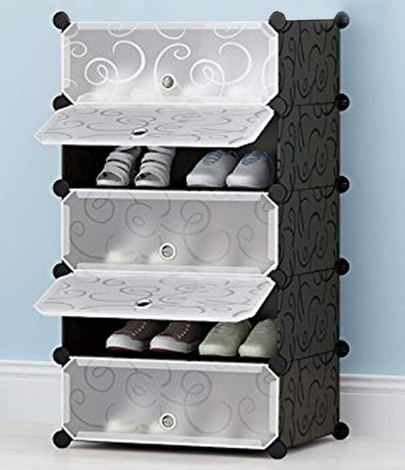 Zemic International Quality Multipurpose DIY Plastic 5 Cube Shoe Rack Organizer Shoes Cabinet Black with White Door 5Cube Shoes Rack for Home Black